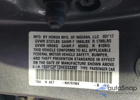 2017 Honda Civic Ex from USA, damaged, VIN 19XFC2F72HE033392